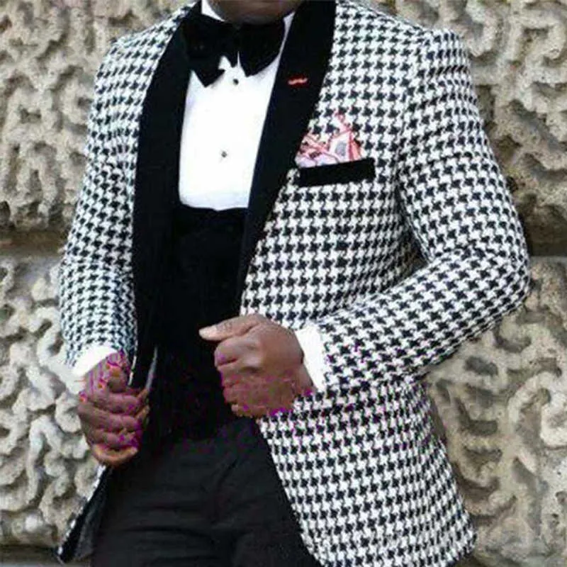 Houndstooth bruiloft smoking voor bruidegom slim fit zwarte mannen pakken sjaal revers somking blazer afrikaanse mannelijke mode kostuum 2021 x0909