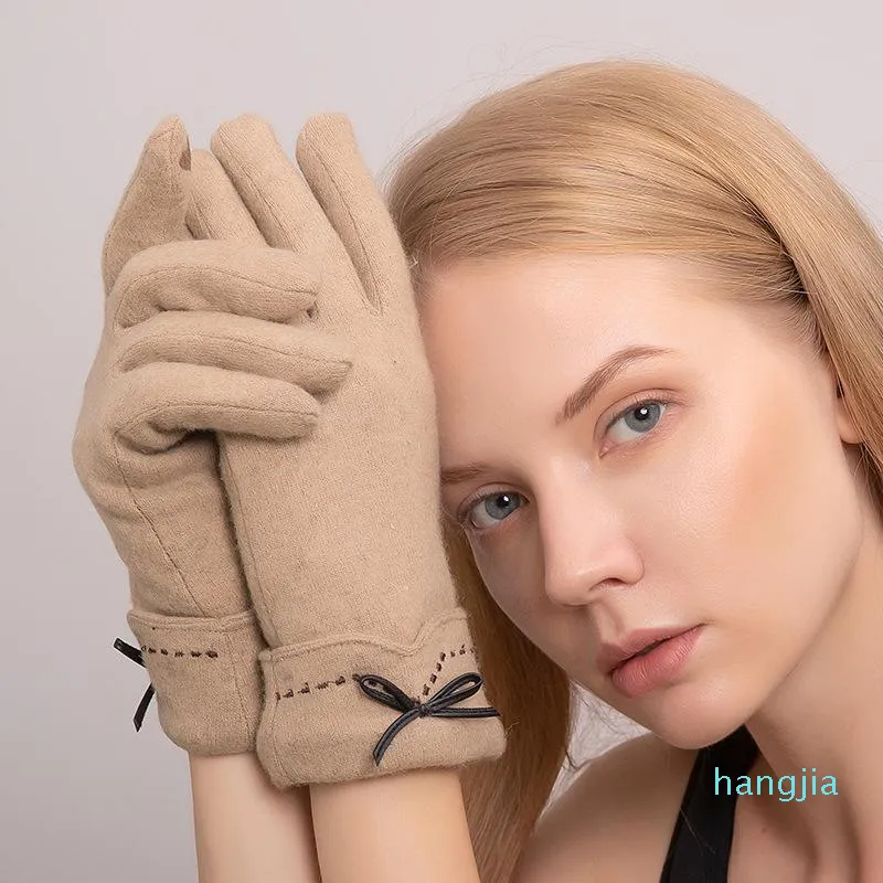 Five Fingers Gloves Winter Women Wool Touch Screen Plus Velvet Inside Thicken Keep Warm Soft Female Bowknot Elegant