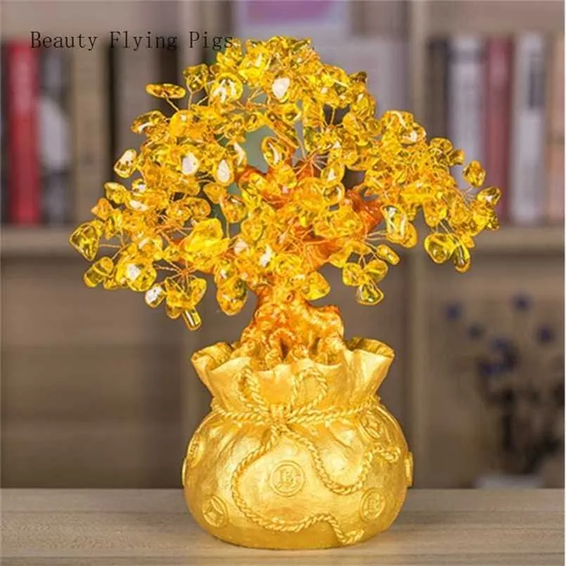 High-end Golden Crystal Lucky Treasure Tree Auspicious Ful Wealth Home Office Decoration Statue Opening Gift 211108