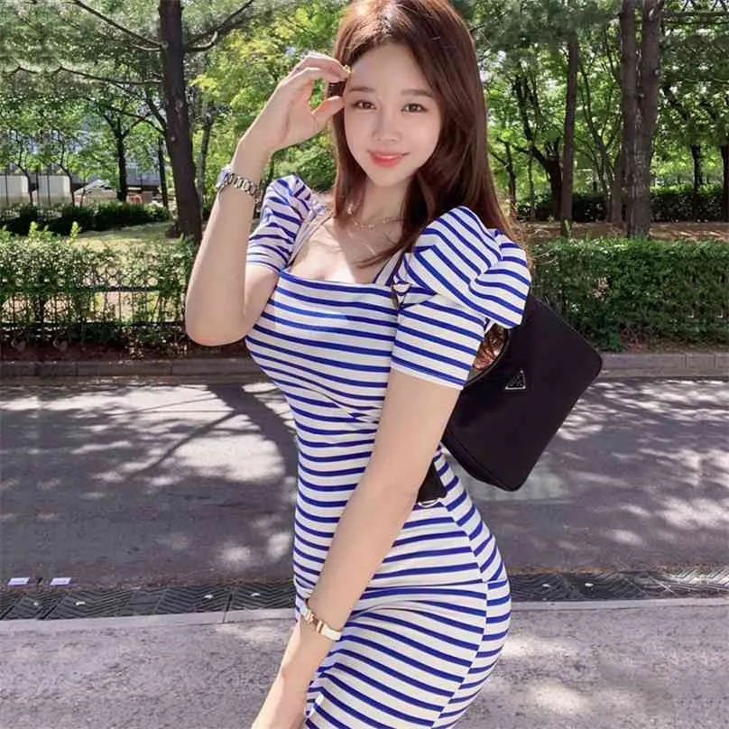 Knitted Stripe Mini Dress for women Summer short Sleeve cotton tops sundress Causal Ladies Home Wear Dresses 210602