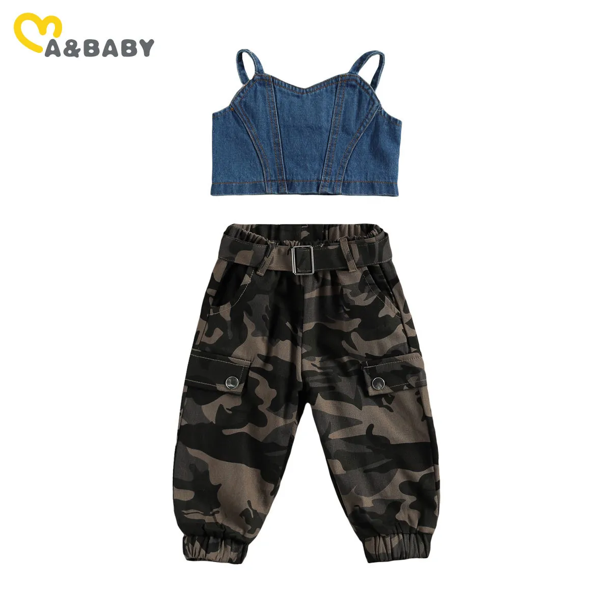 1-6Y Summer Fashion Toddler Kid Child Girls Kläder Set Outfits Denim Vest Crop Top Camo Byxor Barn Kostymer Outfit 210515