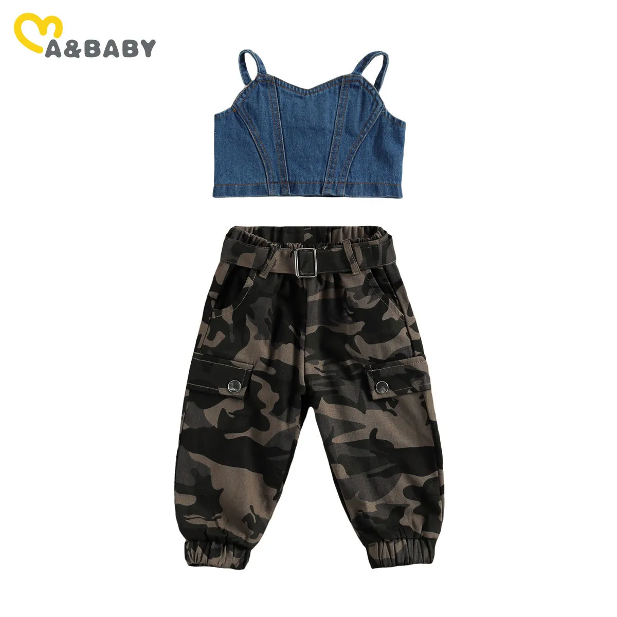 1-6Y Lato Moda Moddler Kid Dziecko Dziewczyny Ubrania Zestaw Outfits Dżins Kamizelka Crop Top Camo Spodnie Dzieci Kostiumy Outfit 210515