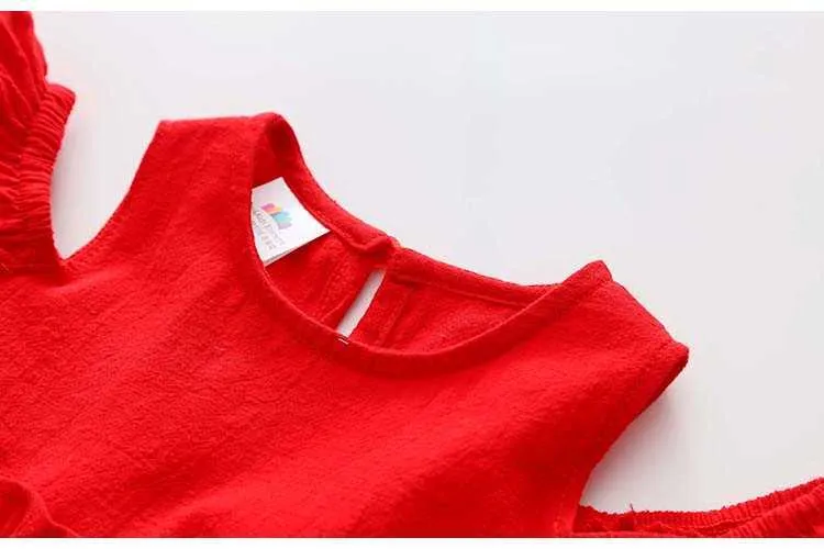  Summer 2-10 Years Children Cotton Solid Red Color Wrap Off Shoulder Little Sexy Girl Strapless Wedding Dress For Girl Kids (5)