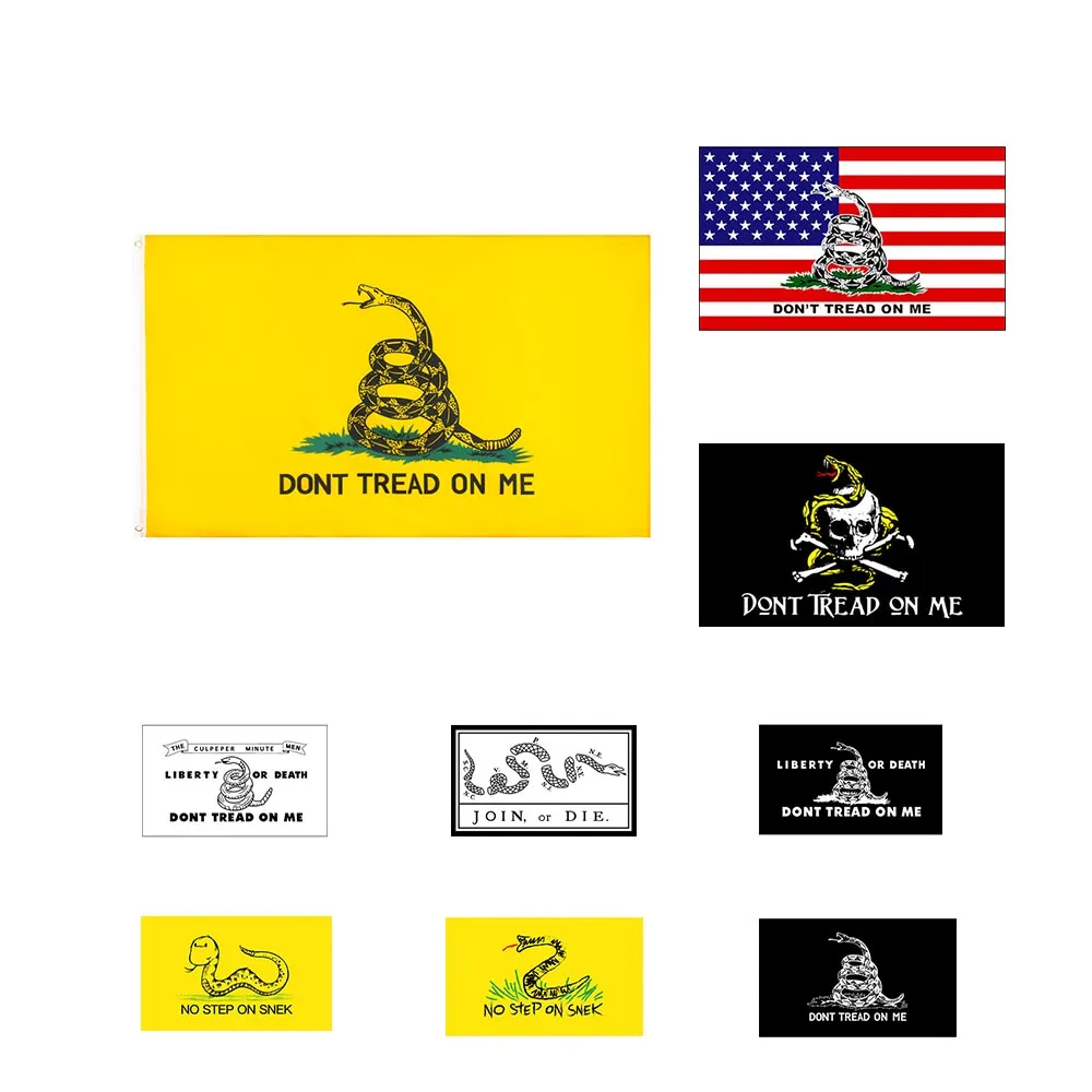 لا تخطو علي ديكور Gadsden Flag بالكامل جودة عالية 90 × 150 سم 3x5fts جاهزة لشحن الأسهم 100 ٪ بوليستر 248J