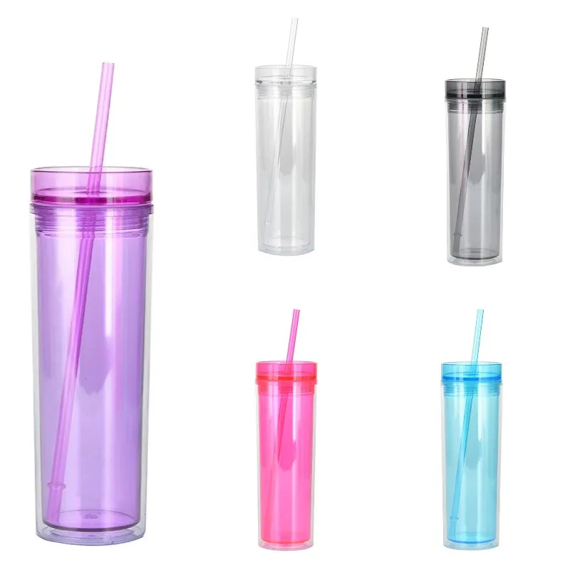 16oz Skinny Tumbler With Lid Acrylic Blank Straw Cup Tall Coffee Mug Plastic Water Bottles Sea Shipping T500507