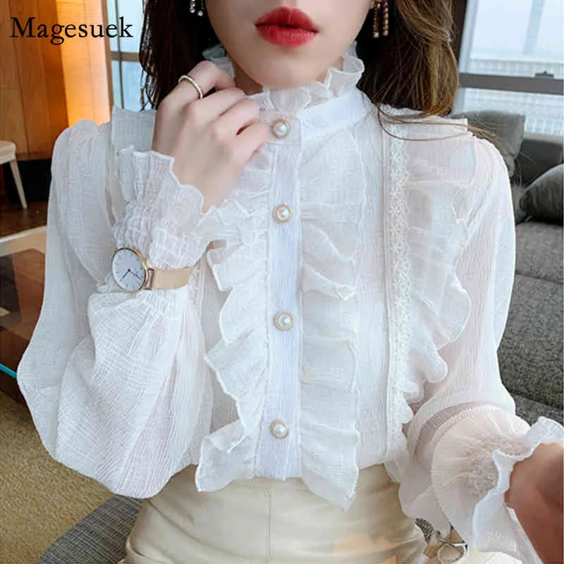 Korean Ruffled Lace Chiffon Shirt Women Elegant Chic Long Puff Sleeve Lady Blouses Tops Stand Collar Shirts Clothes Blusas 13433 210518