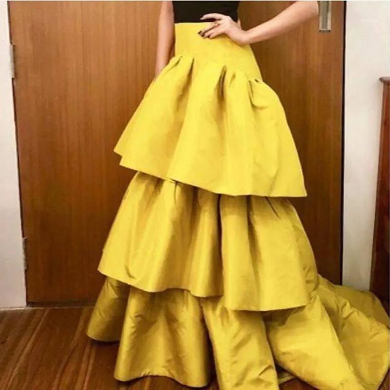 Vintage Gold Satin Multi-layer Ruffles Floor Length Long Maxi Skirt Custom Made Zipper Style Formal Party Women Skirts1