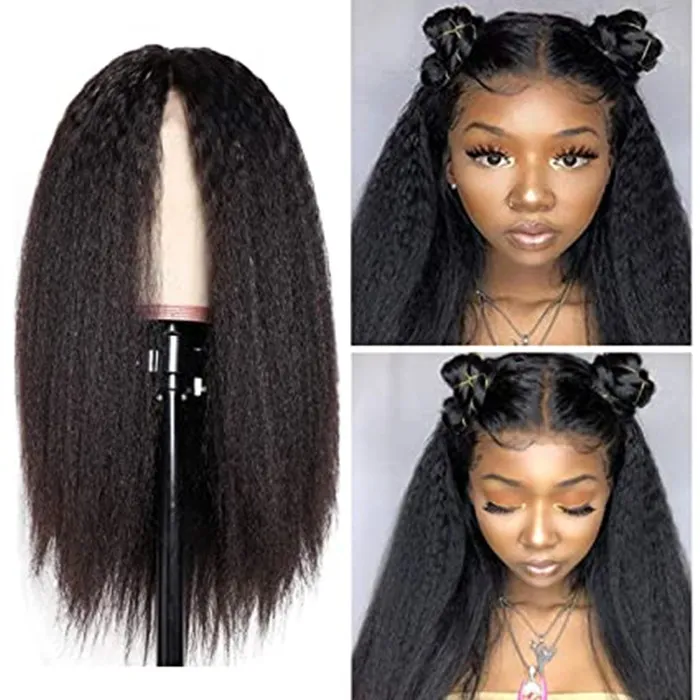 Yaki Straight Human Hair Wig 4x4 Lace Closure Kinky coily front Wigs For Black Women 130%density