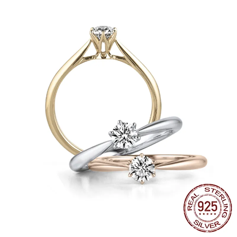 Autentyczne 925 Sterling Silver Pierścionki Okrągły Cyrkonia Diament Diament Dla Kobiet Ślub Oryginalna Biżuteria J-040