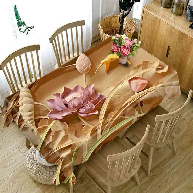 Özelleştirilebilir masa örtüsü 3d klasik lotus desen su geçirmez bez kalınlaşmak dikdörtgen ve yuvarlak masa düğün için 210626