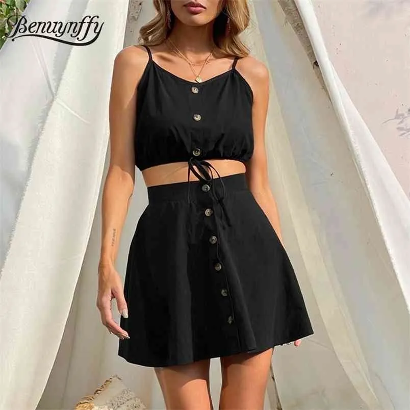 Black Casual Two -Piece Set Women Summer Button Front Crop Cami Top mit hoher Taille -Rock -Sets 2 Outfits 210510