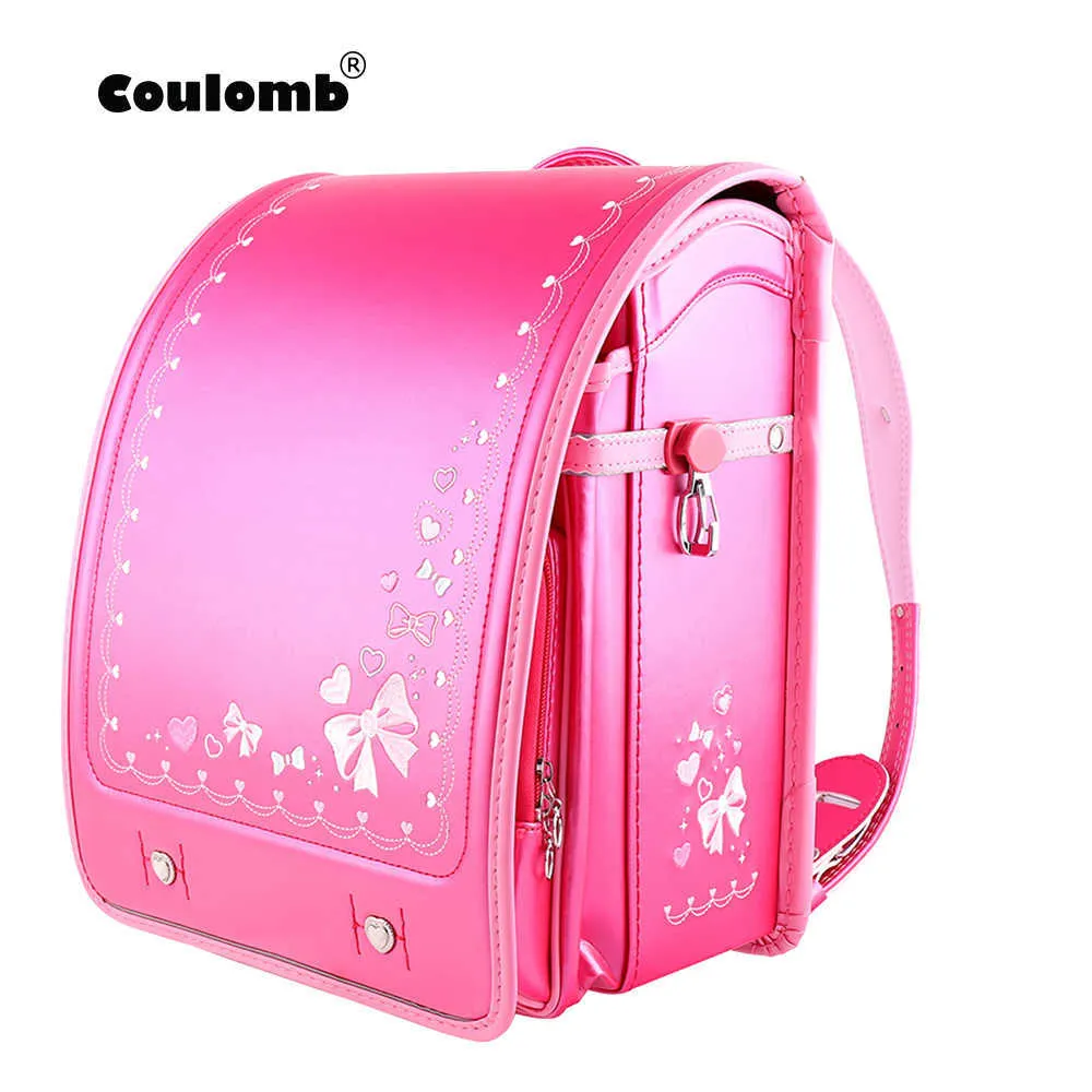 Coulomb High Quality Children Girls Kid Orthopedic Backpack School Students Bookbags Japan PU Cute Bowknot Randoseru Baby Bags 210901