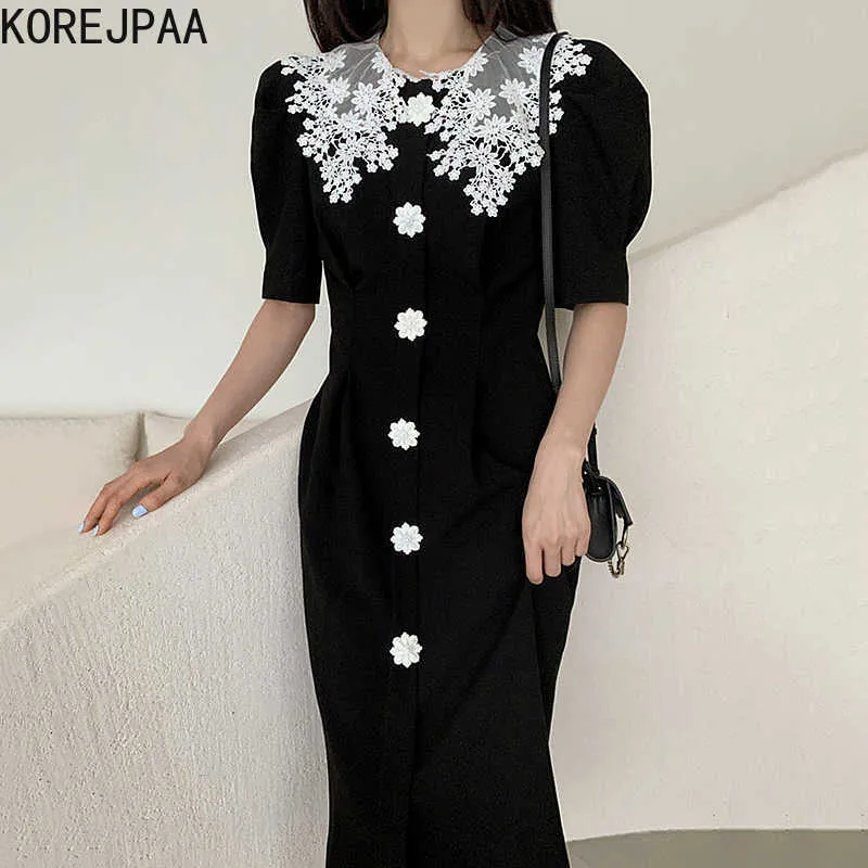 Korejpaa mulheres vestido verão coreano chique francês retro laço de crochê costura de lapela saco de emagrecimento saco de quadril sleeve vestidos 210526