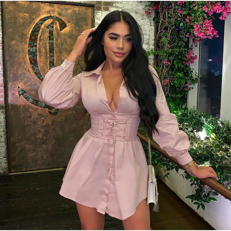 Long Sleeve Shirt Dress With Corset Belt Casual Summer Dress Women Vintage Sexy Pink Fashion Party Dresses Mini White Dress 210422 From 43 8 DHgate