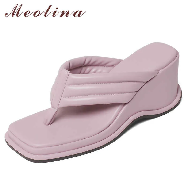 Meotina Slippers Shoes Women Flip Flop Sandals Wedges High Heel Slides Square Toe Ladies Footwear Summer Yellow Fashion Shoes 40 210608