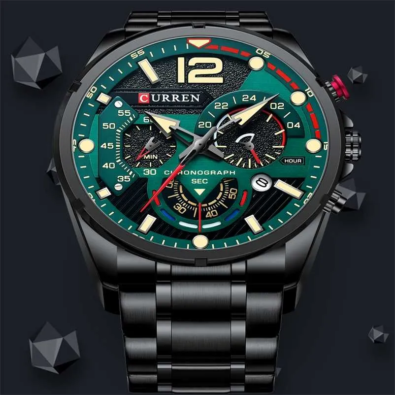 Curren Montres Homme Sport Quartz Chronographe Montre-Bracardes de luxe Horloge en acier inoxydable avec montre lumineuse Relogio Masculino 211218