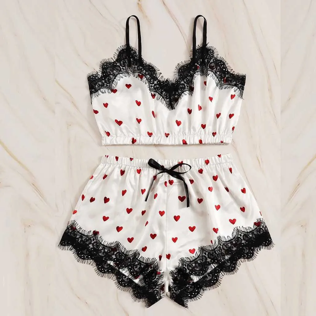 Sexy Lingerie Pigiama Set per le donne Vestiti per la casa Camicia da notte con scollo a V Cuore Stampa Pizzo Raso Canotta Bowknot Pantaloncini Set # YJ Q0706