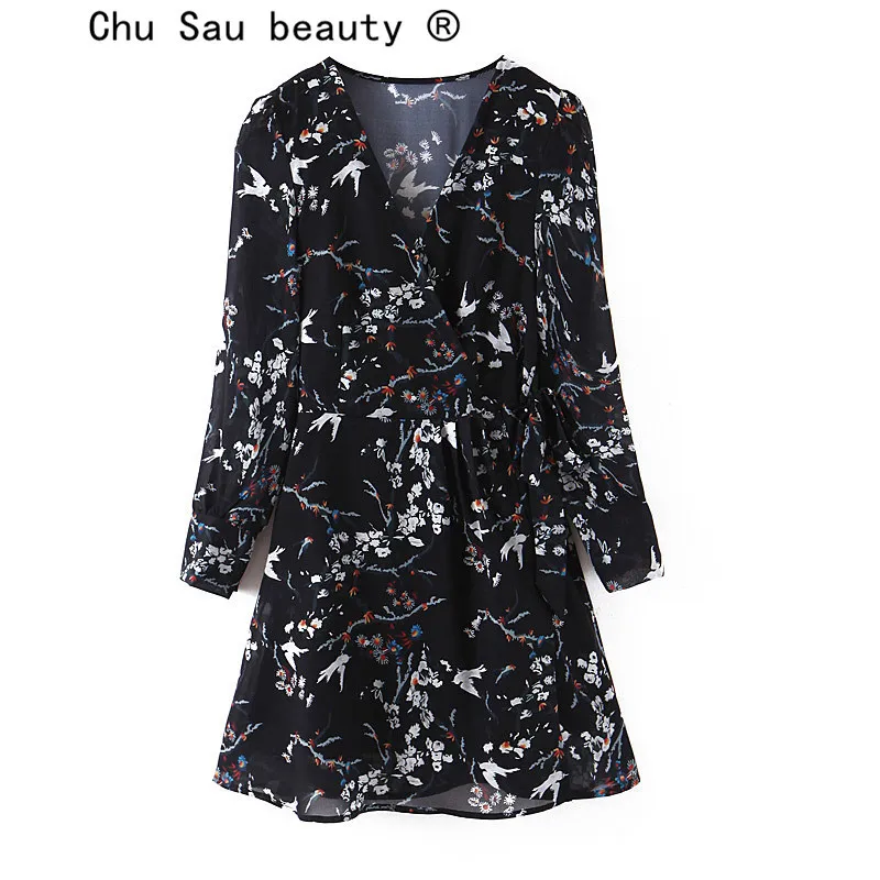 beauty Woman Summer Sexy Long-sleeved Mini Dress Elegant Casual Party V-neck Printed Vestido Muje 210514