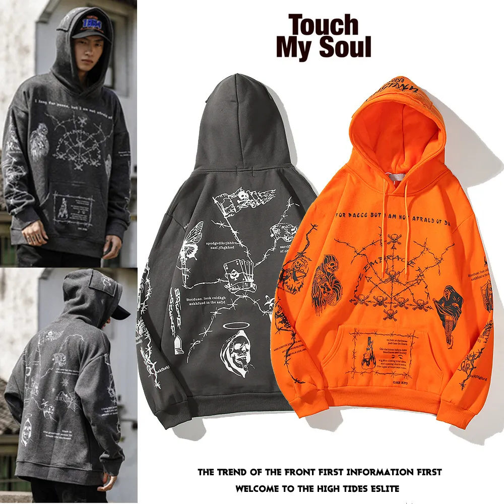 Hip Hop Hoodie Sweatshirt Män StreetWear Skull Graffiti Print Pullover Bomull Höst Grå Harajuku Punk Kläder