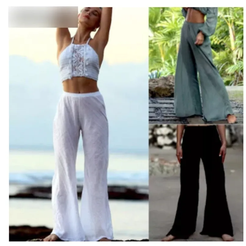 Kvinnor brett benbyxor plus storlek casual linne lösa baggy långa byxor sommar strand hög midja solid dam elastisk kläder 210522