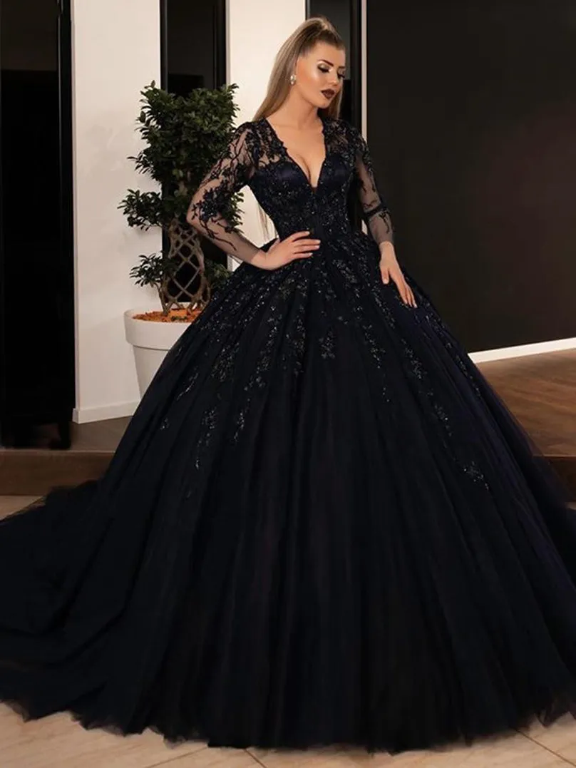 Black Lace Prom Dress V Neck Long Sleeves Evening Party Dress with Tra –  OrtDress