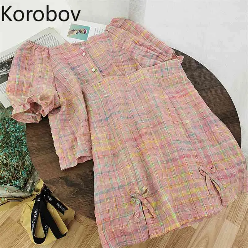 Korobov Single Breasted Flare Sleeve Crop Top en Hoge Taille A-lijn Bow Rokken 2 stuks Sets Koreaanse Sweet Plaid Prepy Style Suits 210430