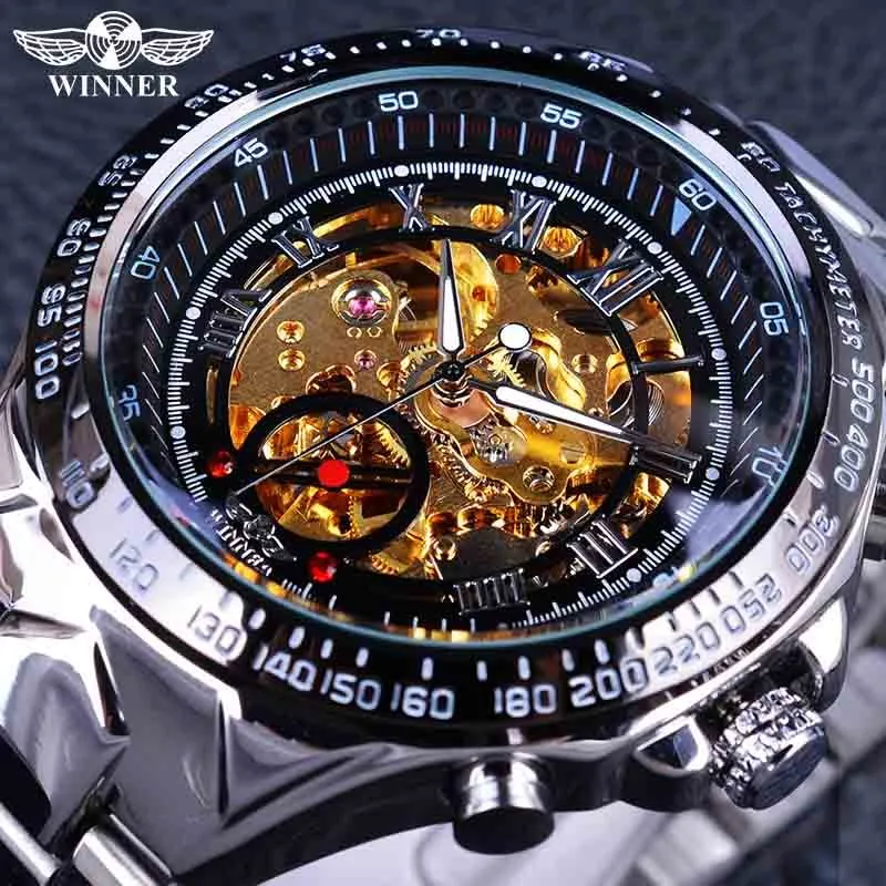 Winnaar klassieke serie gouden beweging stalen heren skeleton man polshorloge mechanische top merk luxe mode automatische horloges