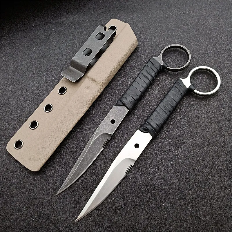 Specialerbjudande Outdoor Survival Rak Taktisk Kniv 440C Black Stone Wash/Satin Blade Full Tang Läder Slida Handtag Fasta Blad Knivar Med Kydex