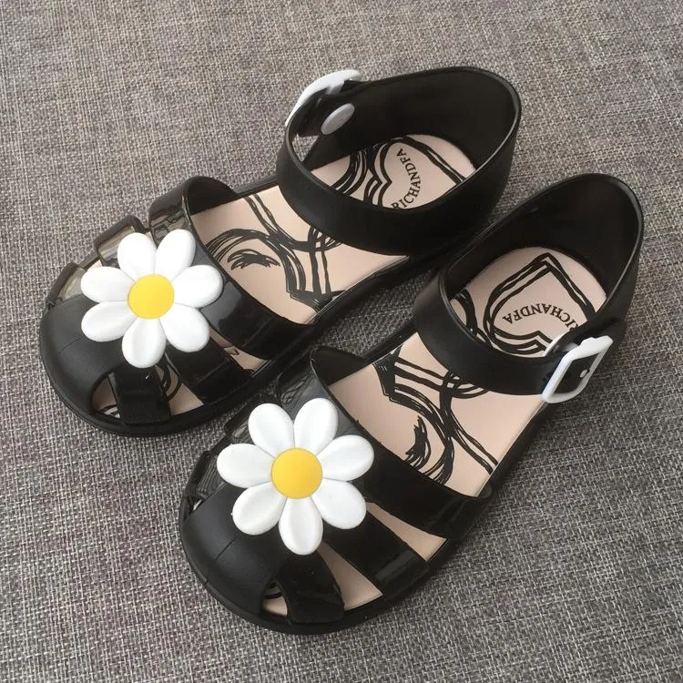 Blomma skor våren sommargelé sko solros sandaler baotou flicka non-slip kids sandal toddler svart färg