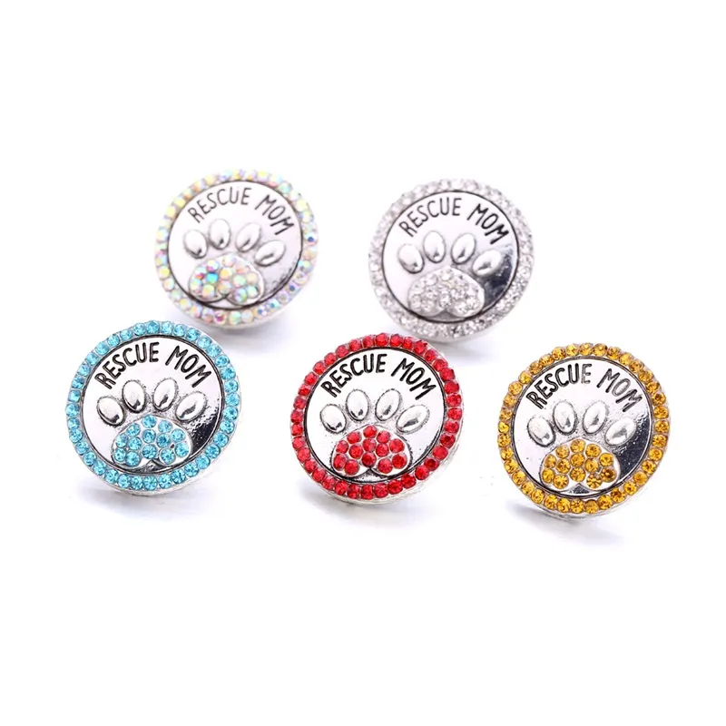 Hurtownie Rescue Mama Paw Snap Button Charms Pet Loved Biżuteria Ustalenia Kryształowe Koraliki Rhinestone 18mm Metalowe Przyciski Przyciski DIY Bransoletka Biżuteria