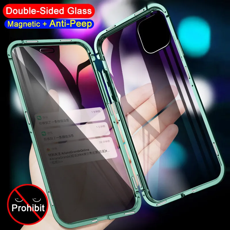 360 Protezione completa magnetica 11 12 Pro XS Max XR 7 8 6s Plus SE Custodia per la privacy ad adsorbimento in metallo con vetro a doppia faccia