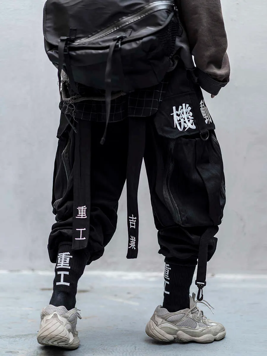 Japon Streetwear Techwear Kargo Pantolon Erkekler Için Baggy Geniş Bacak Siyah Jogger 210616