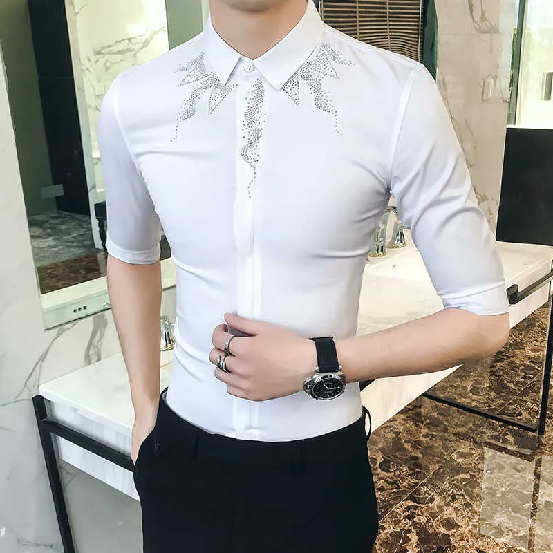 Men Shirt Short Sleeve Casual Slim Fit Shirts Streetwear Men Party Dress Tuxedo Camisa Masculina Black White 210527