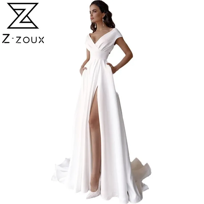 Frauen Kleid Temperament Weiß Maxi es V-ausschnitt Hohe Taille Split Sexy Große Saum Plus Größe Sommer es 210513