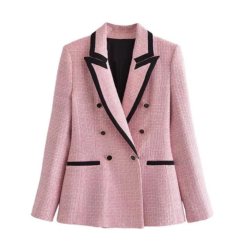 ZA elegant roze geweven blazer vrouwen lange mouwen contrast piping dubbele breasted blazers vrouw mode schattige jas bovenkleding 211006