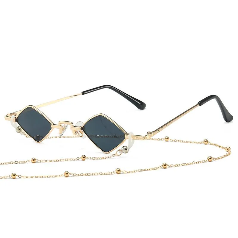 Solglasögon mode designer kvinnor män metall ram lyx diamant formad med kedjan solglasögon UV400
