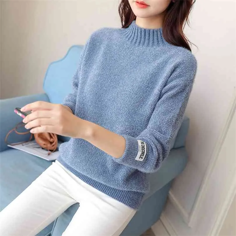 WEIHAOBANG Visone da donna in cashmere mezzo collo alto sciolto e ispessito con maglione lavorato a maglia a maniche lunghe con fondo 210922