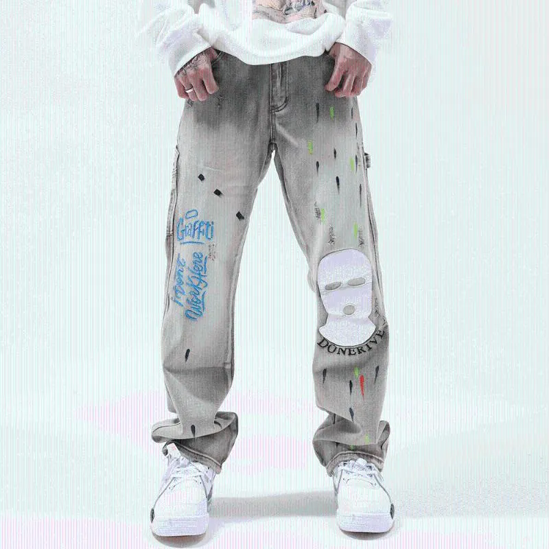 남성 청바지 Eukaaru 수 놓은 남자 streetwear 대형 힙합 패션 느슨한 바지 캐주얼 스트레이트 데님 남자 친구