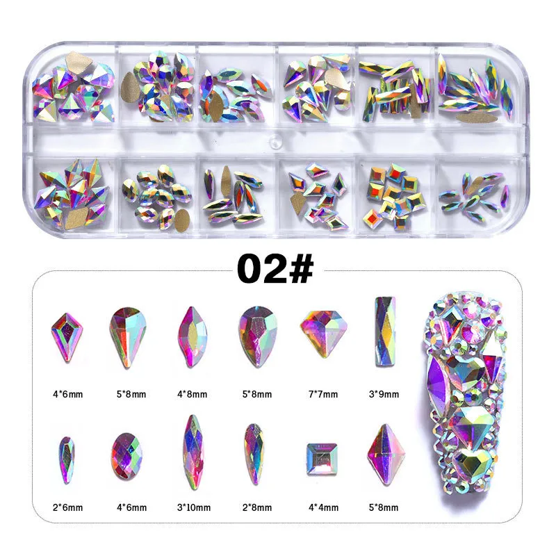 120pcs Multi Shapes Glass Crystal AB Rhinestones för Nail Art Craft Mix 12 Style Flatback Diamond 3D Dekorations tillbehör NAR014