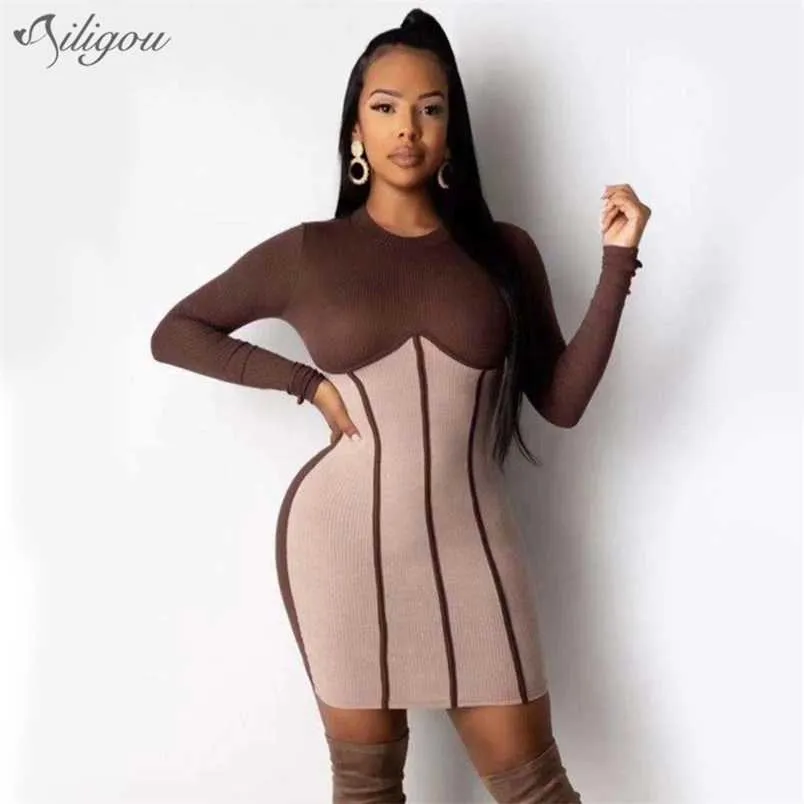 Women's Sexy Long Sleeve Round Neck Patchwork Striped Mini Bodycon Bandage Dress Elegant Party Vestidos 210525