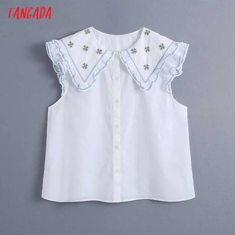 Tangada Mulheres Retro Bordado Gola Oversized Blusa Romântico Camisa Ruffles Verão Chique Feminino Camisa Tops BE13 210609