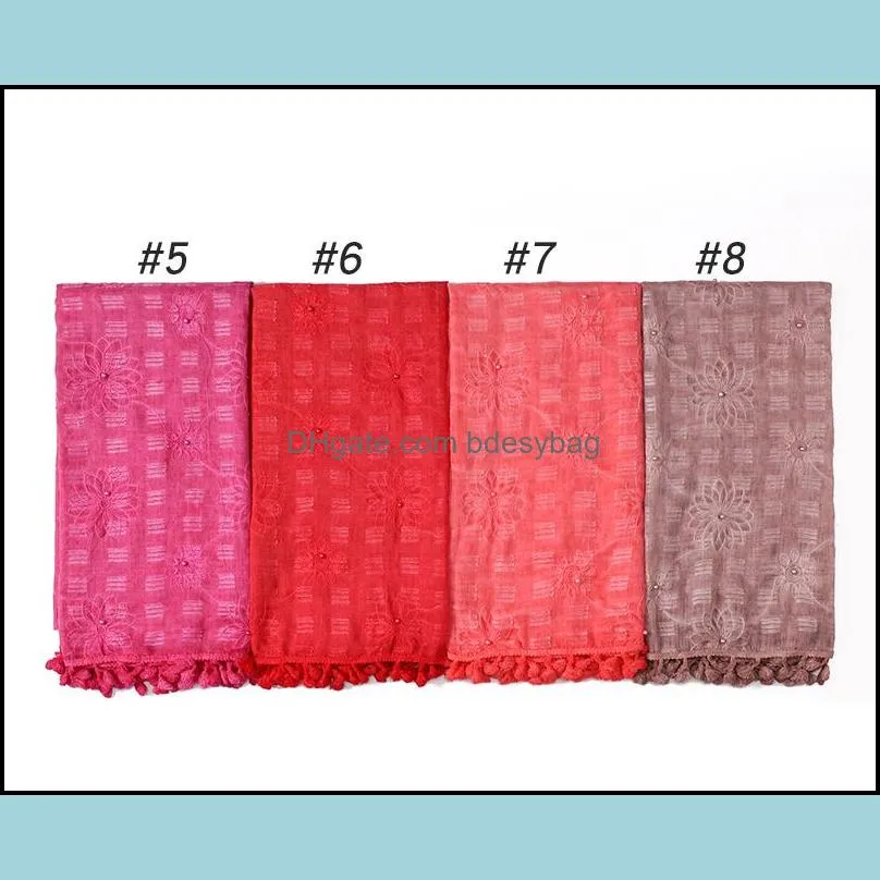 10pcs Pure Color Hijabs Cotton Linen Beaded Pearl Headband Embroidered Tassel Hanging Scarf COLOR 12