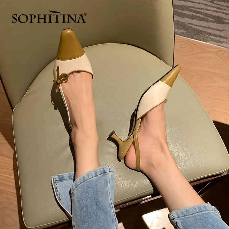 Sophitina Kapak Toe Sandalet kadın Moda Renk Eşleştirme Yay Ayakkabıları Dikiş Küçük Kare Ayak Yüksek Topuk Kadın Ayakkabı AO770 210513