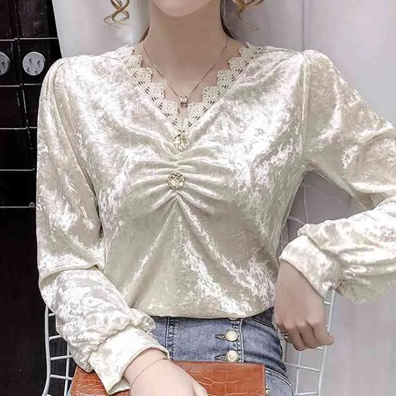 Blouse Femmes À Manches Longues Col En V Velours Blouse Vêtements D'hiver Femmes Blusas Mujer De Moda Femmes Tops Et Blouses Blusa D865 210426