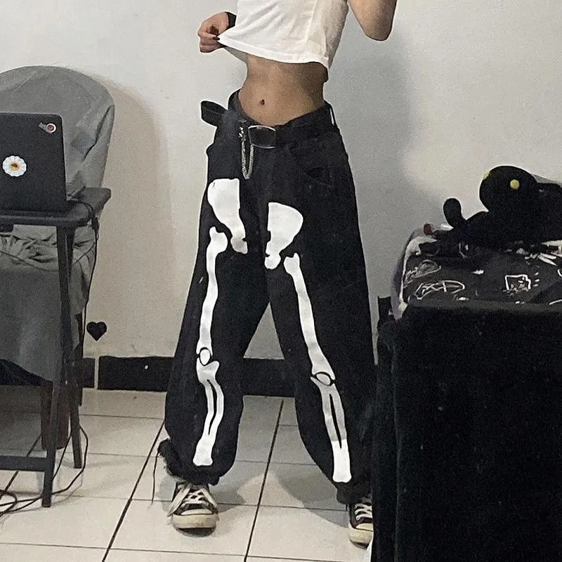 Feminino Jeans Dewadbow Cyber Y2k Calças Goth Outdoa 2021 Padrão Esqueleto  Baixo Ascensão Folgágio Femme Streetwear Mulheres Negra Denim Jean Calças  De $155,3