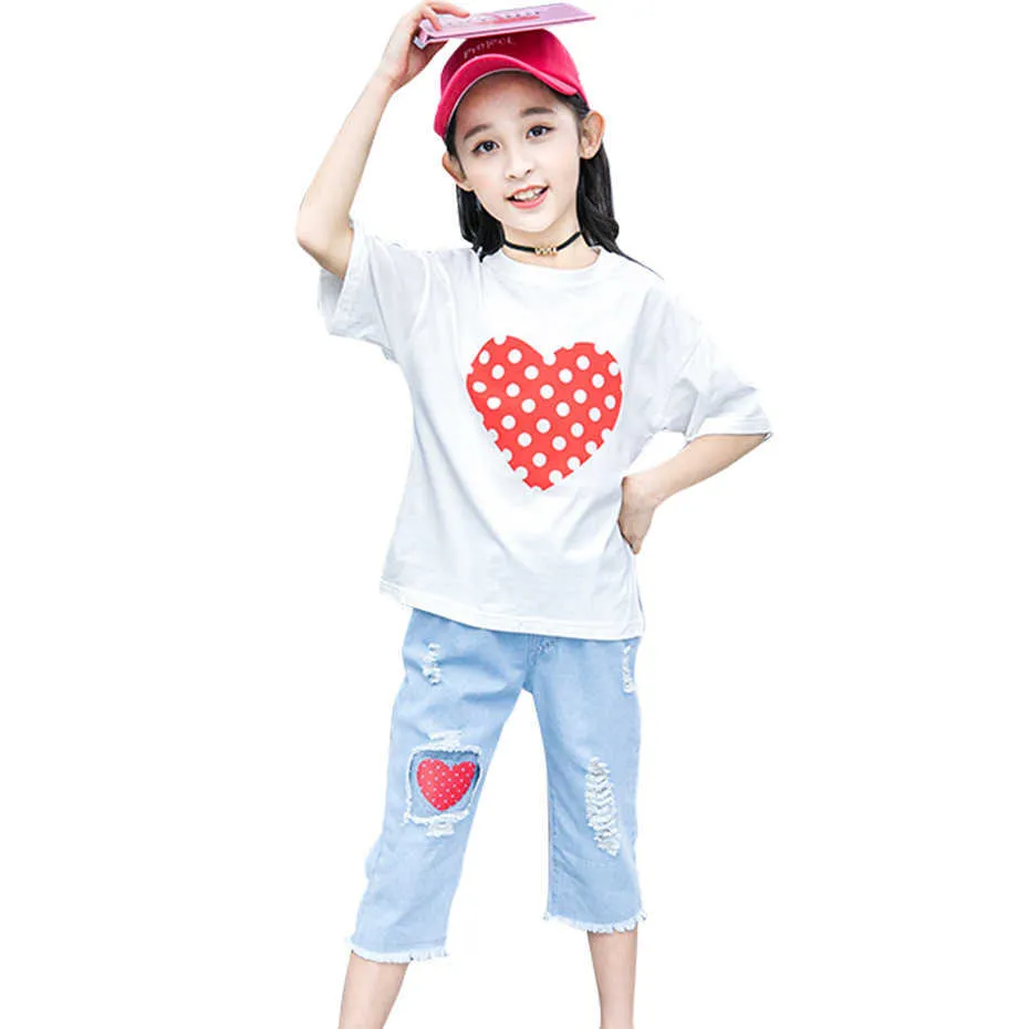 Teenager Girls Abbigliamento Cuore Tshirt + Denim Breve costume per i costumi Dot Estate TrackSuits Bambini 210528