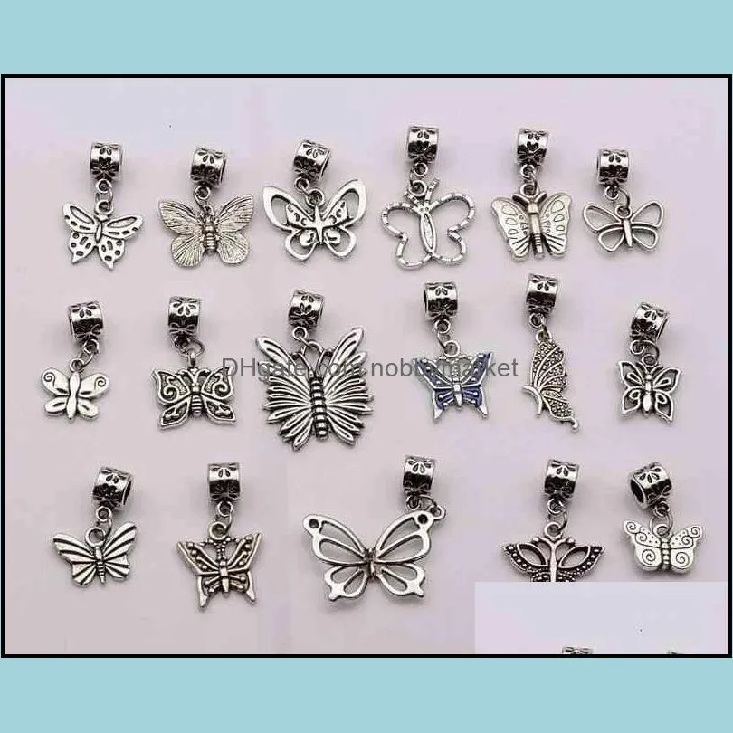 Brand Jewelry Findings better Sale ! 102 pcs Antique silver mixed Butterfly Dangle Beads Fit European Charm Bracelet 17- style (p20)