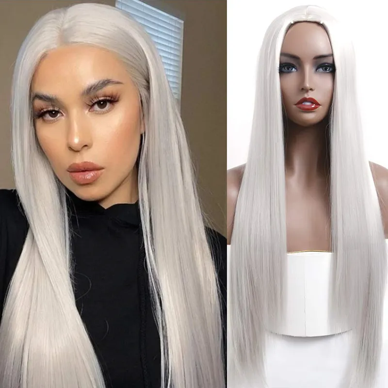 Peruca longa sedosa e reta cabelo branco sintético sem renda feminino meninas fantasia parte do meio resistente ao calor cosplay festa uso diário linha fina natural