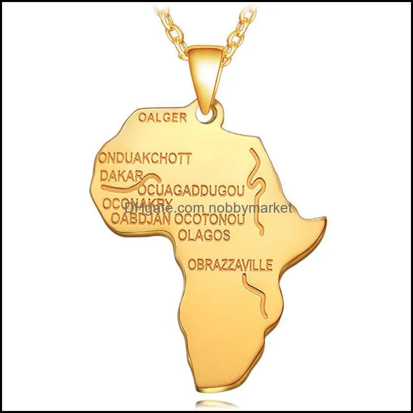 Hip Hop Africa Map Pendant Necklace Men s Gold Silver Rose Gold Black Lettering African Map charm Link chain For women Hiphop Jewelry