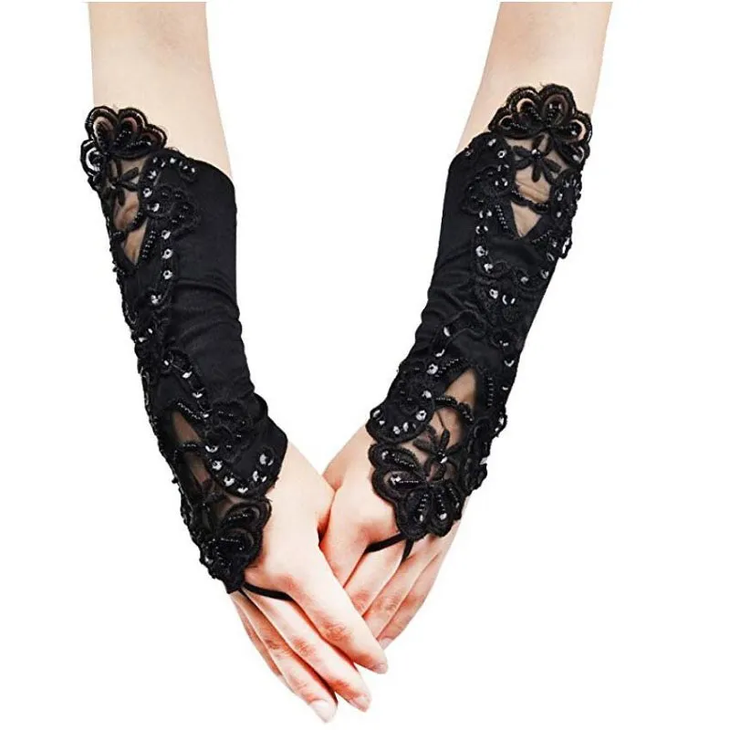 Sequined Lace Women Female Short Half Fingerless Satin Seam Beads Gloves Fashion Sexy Lady Retro Driving Glove